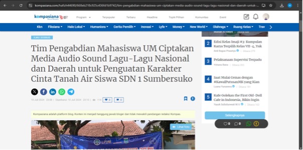 Tim Pengabdian Mahasiswa UM Ciptakan Media Audio Sound Lagu-Lagu Nasional dan Daerah untuk Memperkuat Karakter Cinta Tanah Air Siswa SDN 1 Sumbersuko.